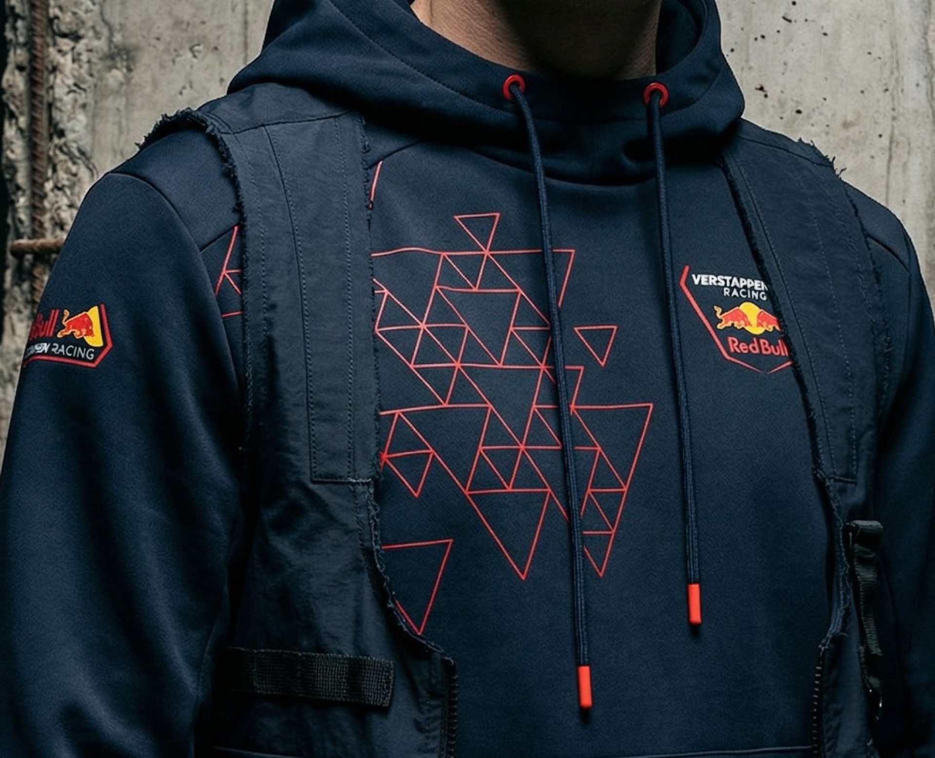 Verstappen Racing Red Bull hoodie detail — geometric red graphics on navy